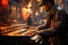 Piano Sonata Of The Streets: Hands Moving Gracefully Across Keys, City Bustle An Ethereal Backdrop, Player's Presence Enigmatic Generative AI	
