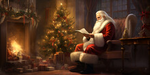 Workplace Of Santa Claus Cheerful Santa Is Reading Letters From Children While Sitting At The Table, Santa Claus Works At His Desk, Surrounded By Christmas Decorations, Generative Ai 

