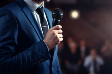 Close-up Motivational Speaker With Microphone Performing on Stage