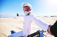 Selfie, Motorcycle And Man In Desert Adventure, Nature And Sports Outdoor On Mockup Space. Bike, Helmet And Person Take Picture At Sand For Social Media, Transportation And Off Road Travel In Morocco