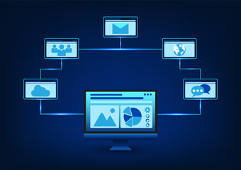 Sticker - Long distance communication technology via the Internet which is used both to talk and send business information through computer equipment Vector computer connected icons