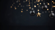 Christmas Decorations In Black. Baubles, Stars And Lights On A Black Background. AI Generated