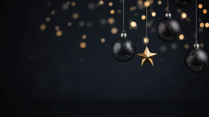 Christmas decorations in black. Baubles, stars and lights on a black background. AI generated