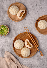 Wall Mural - Food photography of steamed bun, bao, duck meat, spring onion, chinese, dough, dumpling, asian, stuffed, meat, savoury pastry, vietnam