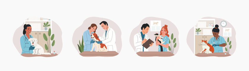 Pet veterinary clinic. Veterinary doctors with animals. Vector flat cartoon illustration