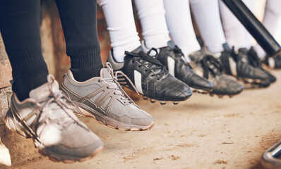 Poster - Shoes, softball and sports, team and fitness with competition, people at stadium with mission. Athlete group, exercise and trust with support, collaboration and baseball player in club with footwear