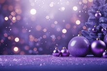 Happy New Year! Purple Christmas Background With Bokeh Lights And Christmas Tree, New Year Or  X-mas Purple Banner Bokeh Background With Room For Text