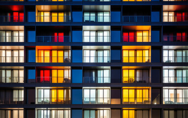 A modern apartment building at night. The building has a grid-like facade with multiple windows. The windows are lit up in different colors, creating a colorful pattern