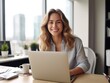 © Viktor - Photo of joyful nice woman using laptop. Beautiful Businesswoman typing on laptop. Generative AI