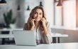 © Neural Pixels - Photo of joyful nice woman using laptop. Beautiful Businesswoman typing on laptop. Generative AI
