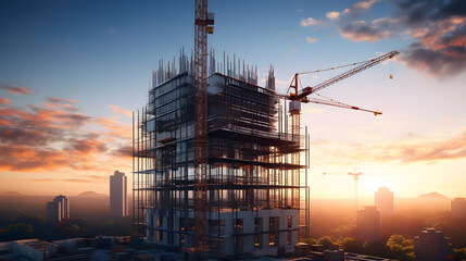 Construction of a skyscraper with cranes against the backdrop of the sunset	