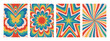 Groovy hippie 70s backgrounds. Waves, swirl, twirl pattern with stars, daisy flower, butterfly, sunburst. Twisted and distorted vector texture in trendy retro psychedelic style. Y2k aesthetic.