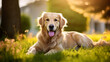 © Vladyslav - Golden Retriever lying in grass. Dog in park. Happy pet