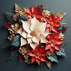 Christmas festive poinsettia and christmas tree decor. Holiday image for design banner, ticket, invitation or card, leaflet and so on, made by ai