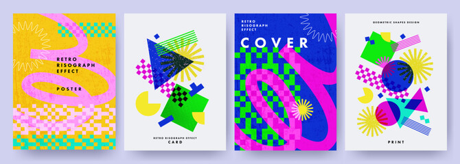 Creative covers, layouts or posters concept in modern minimal style for corporate identity, branding, social media advertising, promo. Trendy geometric design templates with
retro risograph effect