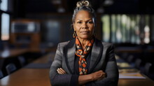 Poc Aboriginal Woman Elder With Gray Hair And Colorful Scarf Tie, Plaid Wool Suit In Office Portrait