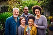 © AIGen - Mixed Race Family Portrait: Multi-Generation Smiling and Laughing in Garden at Home with Baby Standing Happily Outdoors: Generative AI