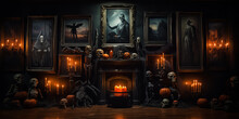 Ancient Gothic Fireplace Of Scary Laughing Pumpkins And Old Skulls. Halloween, Witchcraft And Magic