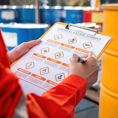 Wall Mural - action of safety officer is using a pen to checking on the hazadous material symbol label form with 