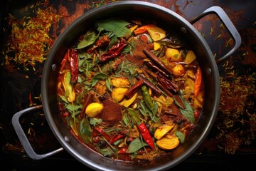 Sticker - overhead view of wok with simmering curry and spices