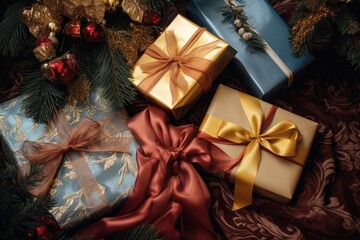 Wall Mural - top view of beautifully wrapped gifts under the tree