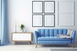 © Ramin - 3D rendered frame in modern home interior with blue furniture against white wall. Generative AI