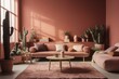 Cute living room with pink and terracotta walls, contemporary earthy decor, cactus and cozy furniture. Generative AI