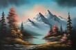 Mountain landscape inspired by Bob Ross. Generative AI