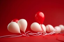 Red And White Heart Shaped Balloons Tied With Strings On A Red Background. Generative AI