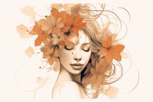 Elegant Sketch Of A Female Abstract Portrait With Flowers. Illustration.. Generative AI