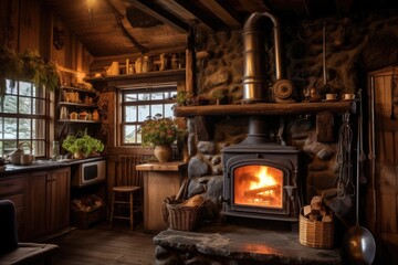 Poster - wood-burning stove in a cozy cabin