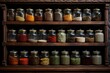a variety of labeled jars with spices on wooden shelves
