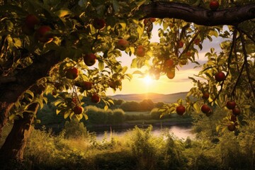 sunlight streaming through apple trees at sunset