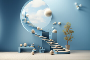 Wall Mural - 3d blue rendering with podium minimal blue pastel scene, minimal abstract background 