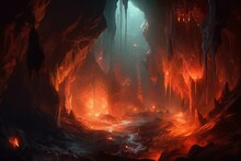 An Underground Gem Mine With A Molten Lava Cave, Deep Cavern, And Big Stalactite. Concept Art Scenery For A Book Illustration Or Video Game Scene, Created With Serious Digital Painting. Generative AI