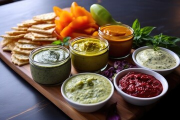 Poster - cheese board with colorful pesto and dipping sauces