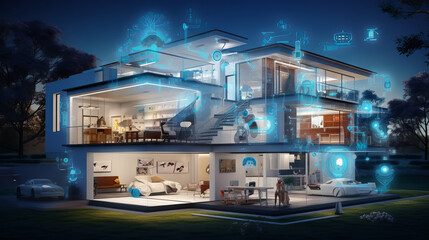 Smart home house concept. Remote control, home management and IOT, connection with devices through home network via Internet of things. Futuristic innovative technology augmented reality