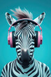 Portrait of zebra with headphones. AI generative art
