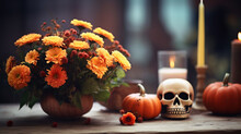 Still Life For Halloween, Skulls, Flowers, Pumpkins, Candles, Jack O Lantern, Orange Daisies, Halloween Bouquet Of Flowers, Table Decoration For Halloween, Halloween Party, Diy