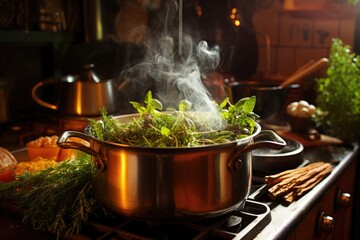 Poster - steaming pot of soup on a stove with herbs nearby