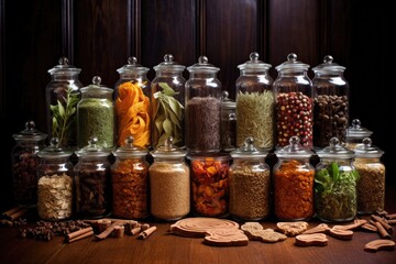 Poster - various spices and herbs displayed in small glass jars