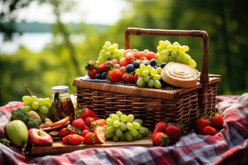 Poster - picnic basket with healthy snacks: nuts, fruits, and veggies