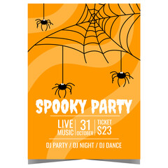 Spooky Halloween party invitation with funny spiders weaving a web on an orange background. Vector design template for Halloween party banner or poster to celebrate the All Saints' Day on October 31.