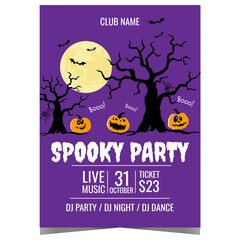 Wall Mural - Spooky Halloween party vector design template with scary pumpkins and horrible trees in the night, full moon and bats on violet background. Halloween party invitation, banner poster or flyer.