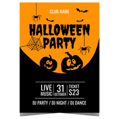 Wall Mural - Nightmare Halloween party poster with scary pumpkins, spiders and bats on black-orange background. Halloween party invitation flyer, advertisement banner or leaflet to celebrate the All Saints' Day.