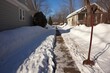 shadow of a shovel on snow-cleared driveway path