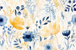 Seamless pattern - repeatable texture of abstract watercolor flowers and leaves in blue, yellow and creme on white background