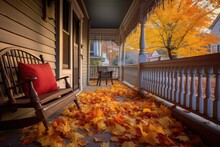 Broom Sweeping Autumn Leaves On Porch Or Sidewalk