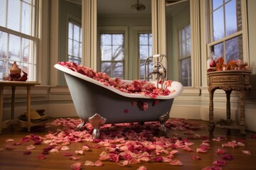 Wall Mural - clawfoot tub with rose petals floating