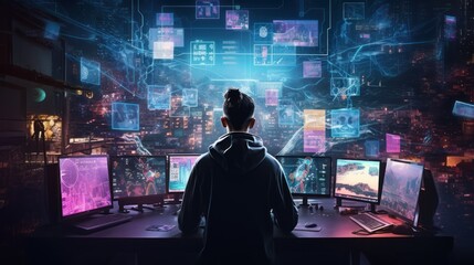 Wall Mural - Craft a scene featuring a proficient hacker in a cyberpunk world, encircled by holographic interfaces, complex code, and elements of virtual reality